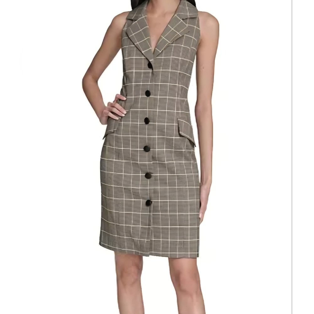 Vince Camuto Taupe Plaid Woven Collar Dress